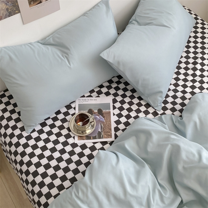 91家纺网 家纺一手货源 找家纺 眠帛 2022新款水洗棉混搭四件套 繁星蓝