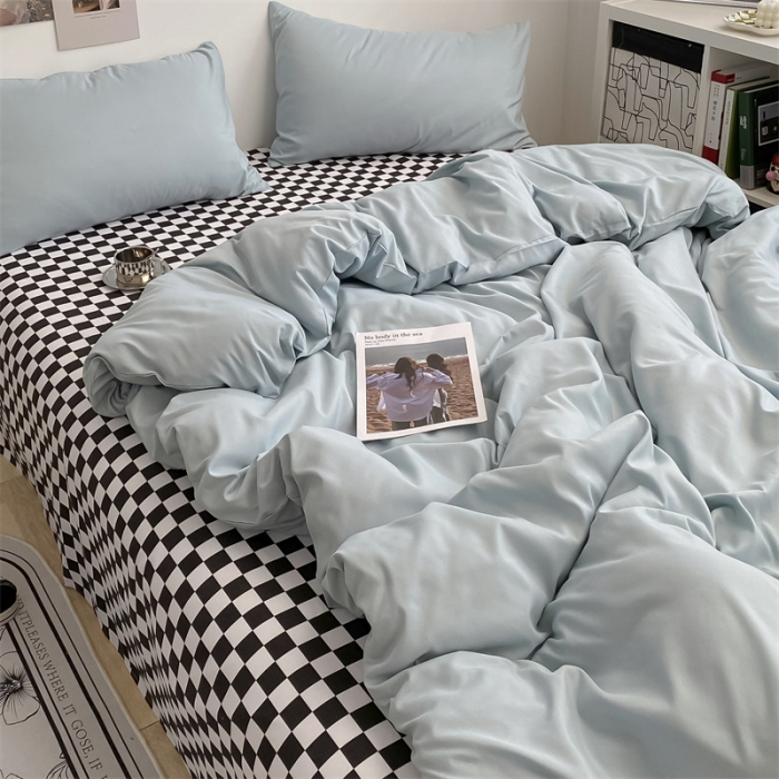 91家纺网 家纺一手货源 找家纺 眠帛 2022新款水洗棉混搭四件套 繁星蓝