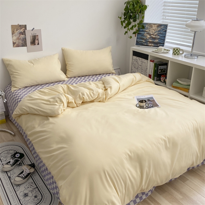 91家纺网 家纺一手货源 找家纺 眠帛 2022新款水洗棉混搭四件套 奶黄