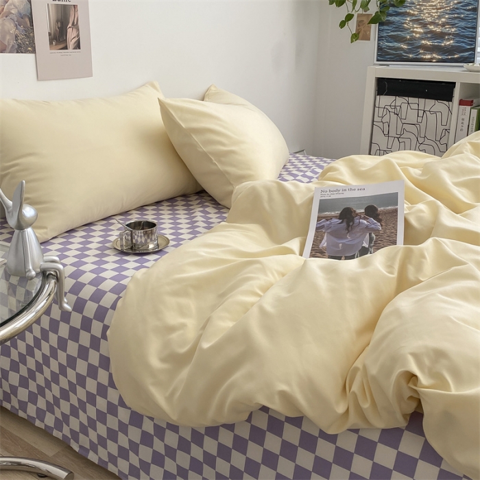 91家纺网 家纺一手货源 找家纺 眠帛 2022新款水洗棉混搭四件套 奶黄