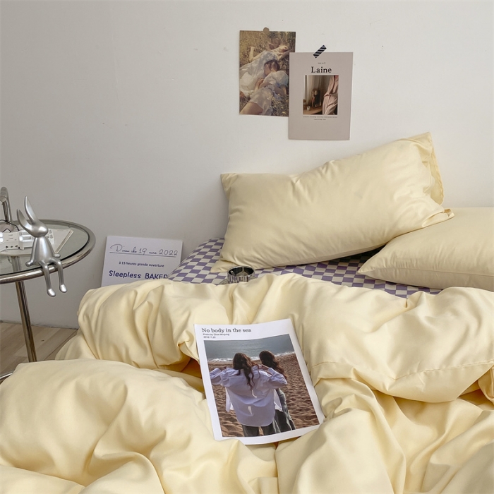 91家纺网 家纺一手货源 找家纺 眠帛 2022新款水洗棉混搭四件套 奶黄