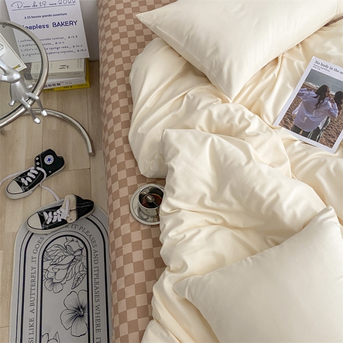 91家纺网 家纺一手货源 找家纺 眠帛 2022新款水洗棉混搭四件套 奶昔白