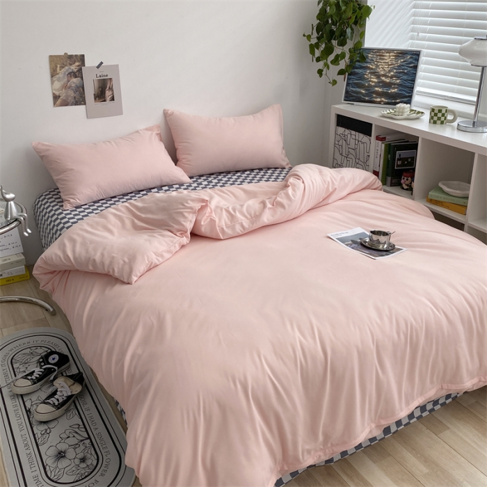 91家纺网 家纺一手货源 找家纺 眠帛 2022新款水洗棉混搭四件套 奶油粉