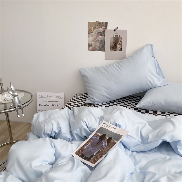 91家纺网 家纺一手货源 找家纺 眠帛 2022新款水洗棉混搭四件套 天空蓝