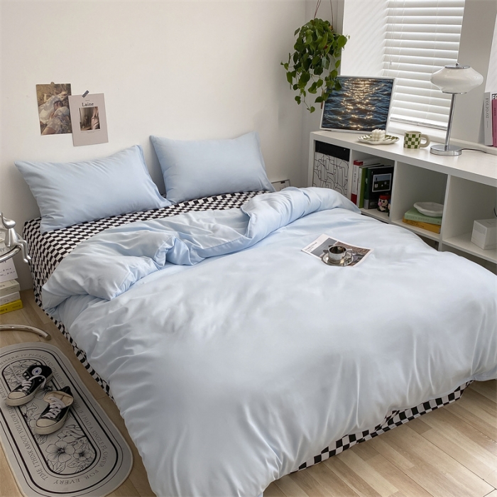 91家纺网 家纺一手货源 找家纺 眠帛 2022新款水洗棉混搭四件套 天空蓝