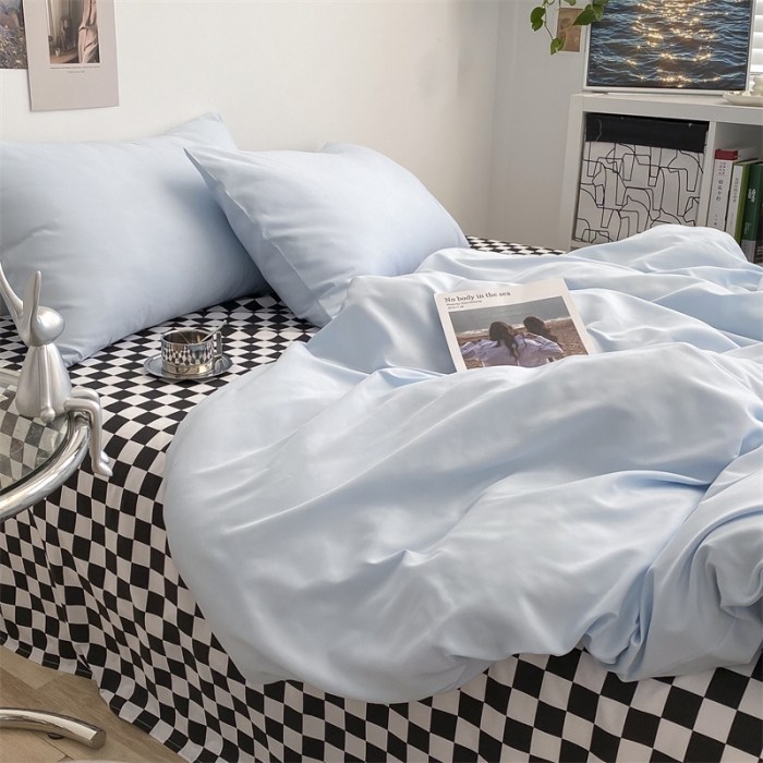 91家纺网 家纺一手货源 找家纺 眠帛 2022新款水洗棉混搭四件套 天空蓝