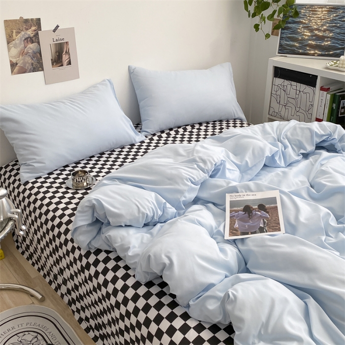 91家纺网 家纺一手货源 找家纺 眠帛 2022新款水洗棉混搭四件套 天空蓝