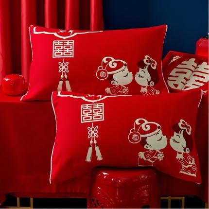 91家纺网 家纺一手货源 找家纺 朴尔 2022新款婚庆系列大红四层纱布枕巾52*78 称心如意