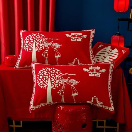 91家纺网 家纺一手货源 找家纺 朴尔 2022新款婚庆系列大红四层纱布枕巾52*78 喜结连理