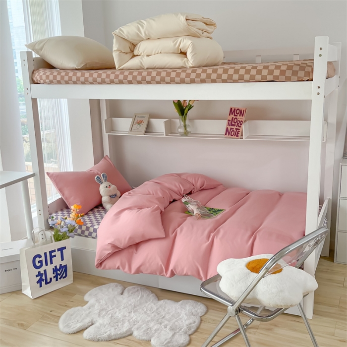 91家纺网 家纺一手货源 找家纺 眠帛 2022新款水洗棉混搭学生床三件套 豆沙