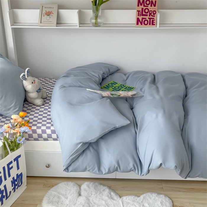 91家纺网 家纺一手货源 找家纺 眠帛 2022新款水洗棉混搭学生床三件套 蓝灰