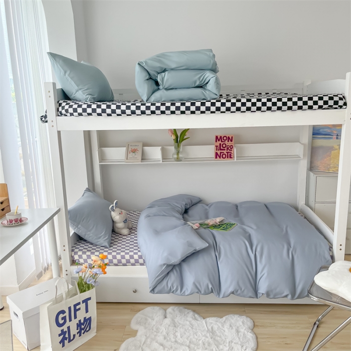 91家纺网 家纺一手货源 找家纺 眠帛 2022新款水洗棉混搭学生床三件套 蓝灰