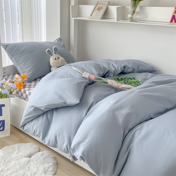 91家纺网 家纺一手货源 找家纺 眠帛 2022新款水洗棉混搭学生床三件套 蓝灰