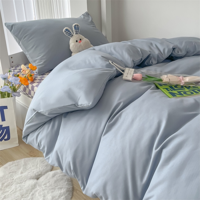 91家纺网 家纺一手货源 找家纺 眠帛 2022新款水洗棉混搭学生床三件套 蓝灰