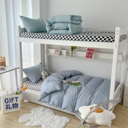 眠帛 2022新款水洗棉混搭学生床三件套 蓝灰