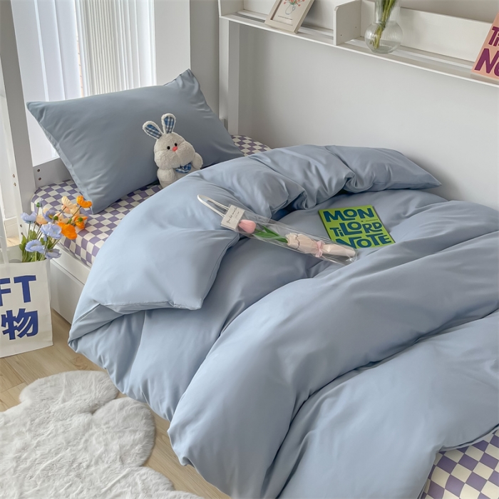 91家纺网 家纺一手货源 找家纺 眠帛 2022新款水洗棉混搭学生床三件套 蓝灰