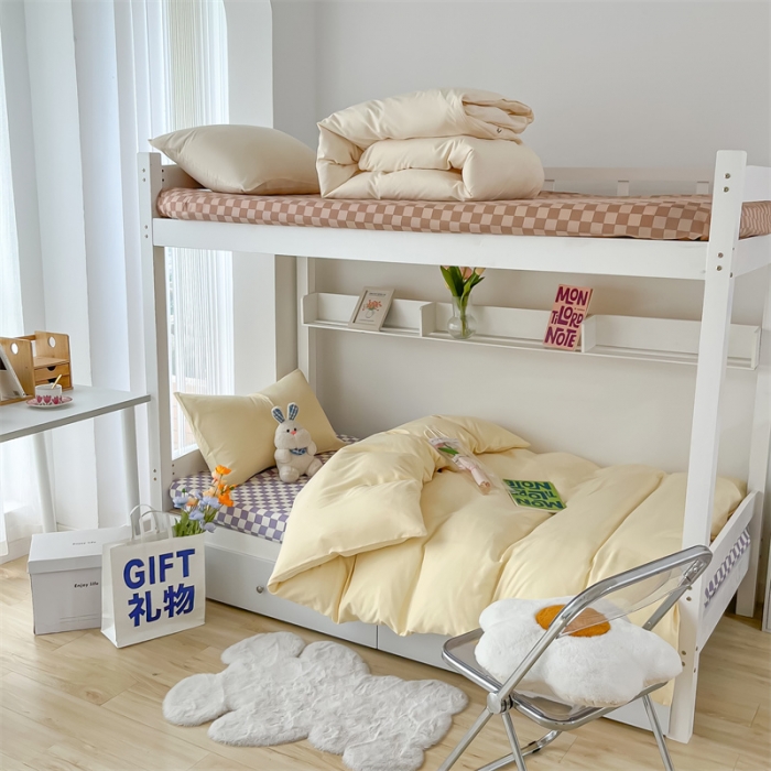 91家纺网 家纺一手货源 找家纺 眠帛 2022新款水洗棉混搭学生床三件套 奶黄