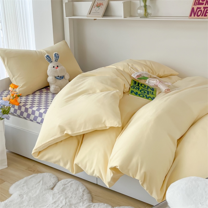 91家纺网 家纺一手货源 找家纺 眠帛 2022新款水洗棉混搭学生床三件套 奶黄