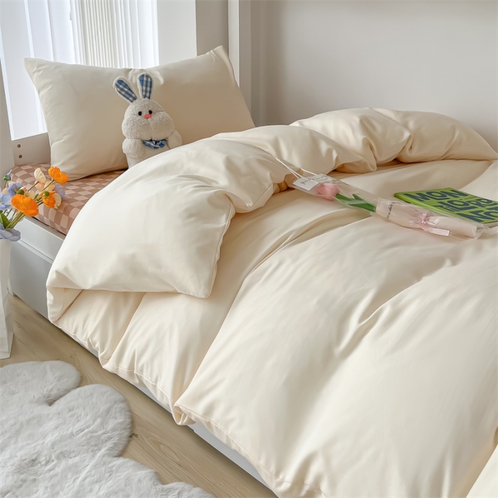 91家纺网 家纺一手货源 找家纺 眠帛 2022新款水洗棉混搭学生床三件套 奶昔白