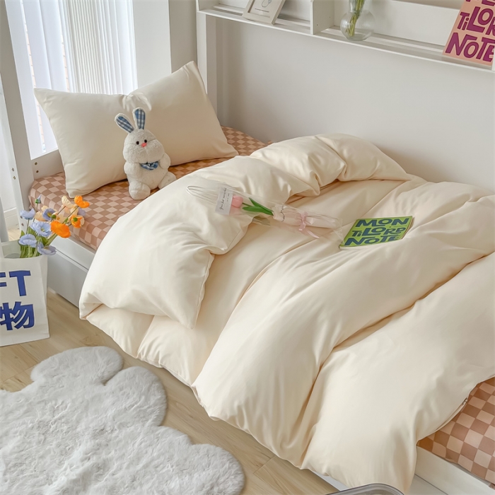 91家纺网 家纺一手货源 找家纺 眠帛 2022新款水洗棉混搭学生床三件套 奶昔白
