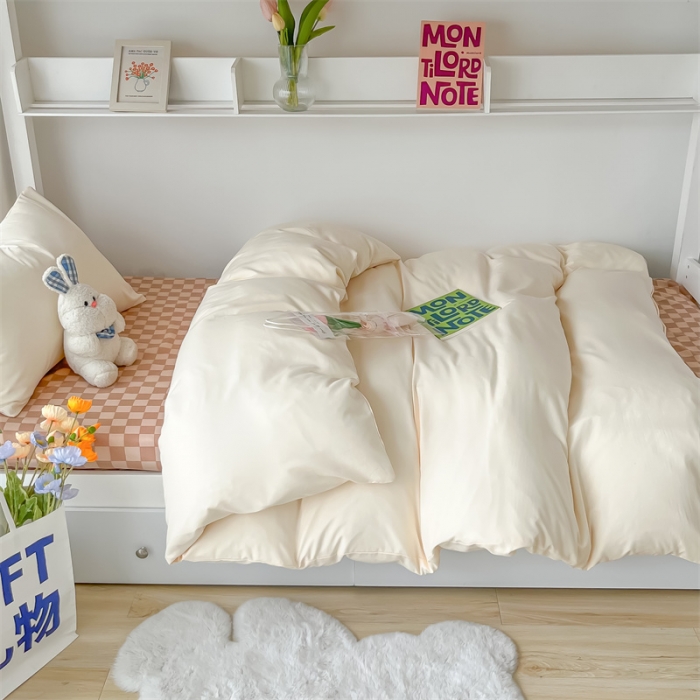 91家纺网 家纺一手货源 找家纺 眠帛 2022新款水洗棉混搭学生床三件套 奶昔白