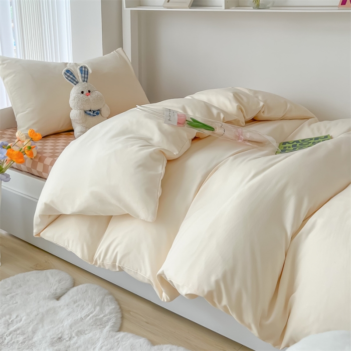 91家纺网 家纺一手货源 找家纺 眠帛 2022新款水洗棉混搭学生床三件套 奶昔白