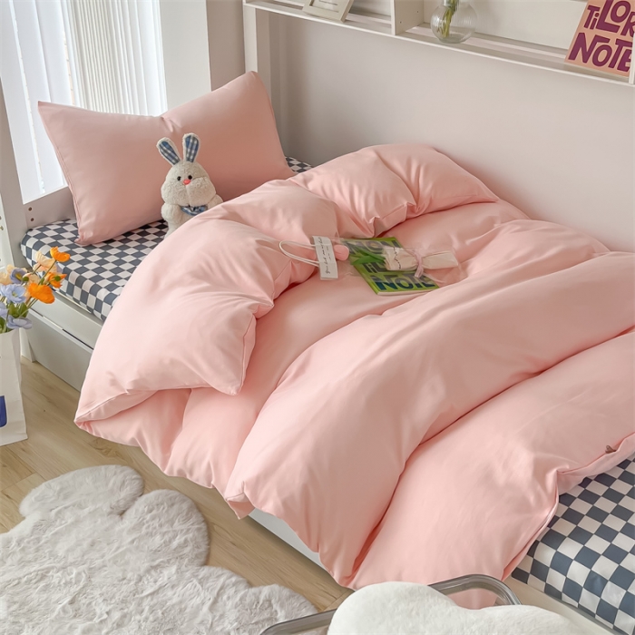 91家纺网 家纺一手货源 找家纺 眠帛 2022新款水洗棉混搭学生床三件套 奶油粉