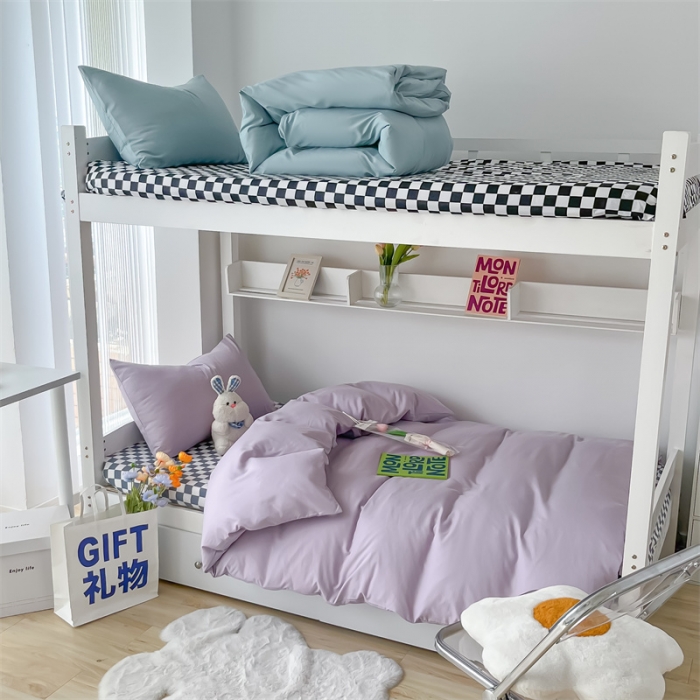 91家纺网 家纺一手货源 找家纺 眠帛 2022新款水洗棉混搭学生床三件套 浅紫