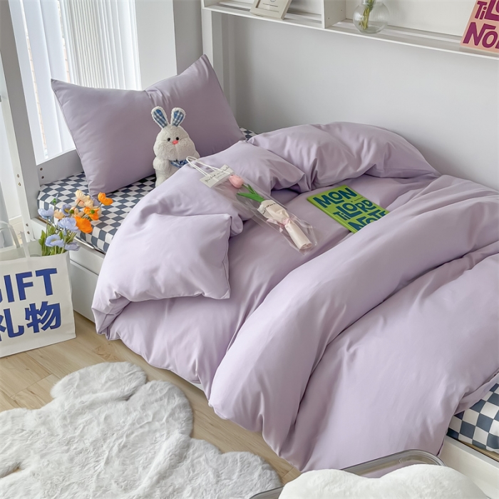 91家纺网 家纺一手货源 找家纺 眠帛 2022新款水洗棉混搭学生床三件套 浅紫