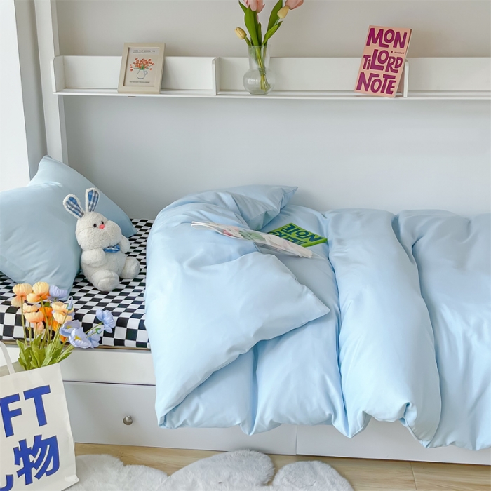 91家纺网 家纺一手货源 找家纺 眠帛 2022新款水洗棉混搭学生床三件套 天空蓝