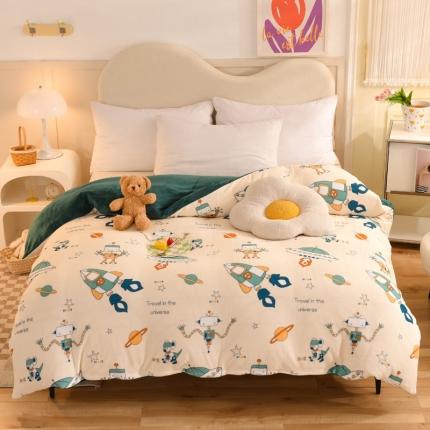 91家纺网 家纺一手货源 找家纺 甜之梦家纺2025新款印花牛奶绒单品被套可定制任何尺寸 太空机器人米白