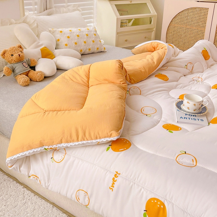 91家纺网 家纺一手货源 找家纺 2022新款直播爆款水洗棉印花小花边春秋被冬被 爆爆橙