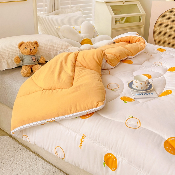 91家纺网 家纺一手货源 找家纺 2022新款直播爆款水洗棉印花小花边春秋被冬被 爆爆橙