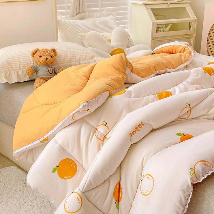 91家纺网 家纺一手货源 找家纺 2022新款直播爆款水洗棉印花小花边春秋被冬被 爆爆橙