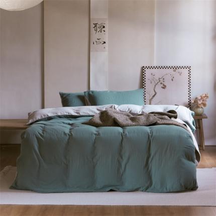 91家纺网 家纺一手货源 找家纺 安莱生活 2022新款全棉双层纱纯色四件套--侘寂风 青绿