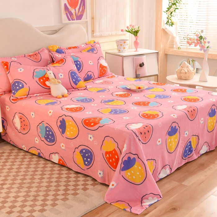 91家纺网 家纺一手货源 找家纺 甜之梦家纺  2025新款印花牛奶绒单品床单可定制任何尺寸  粉红草莓