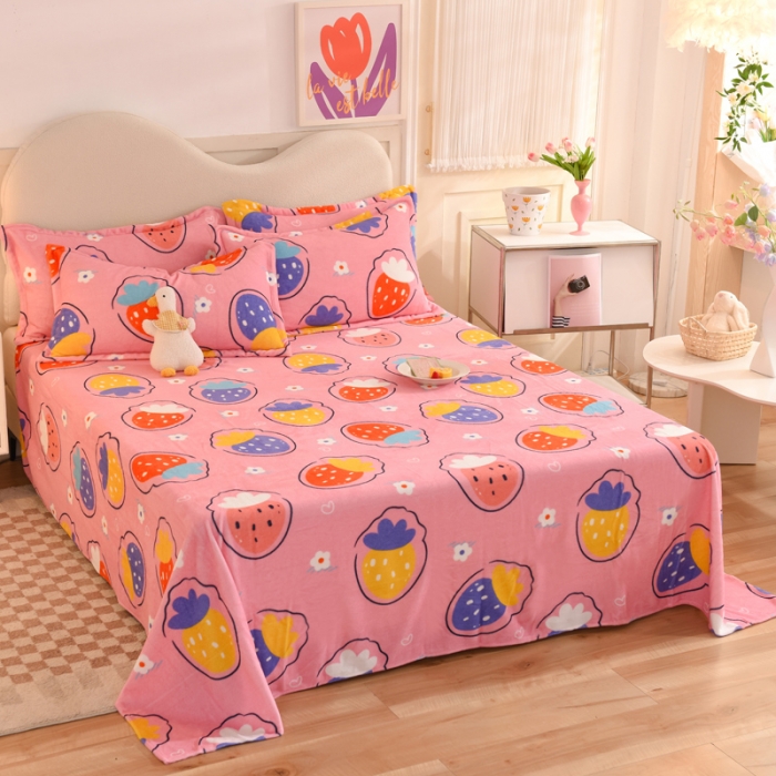 91家纺网 家纺一手货源 找家纺 甜之梦家纺  2025新款印花牛奶绒单品床单可定制任何尺寸  粉红草莓