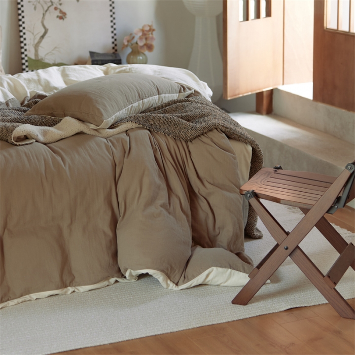 91家纺网 家纺一手货源 找家纺 （总）安莱生活 2022新款全棉双层纱纯色四件套--侘寂风