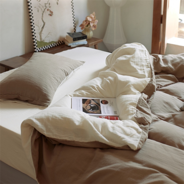 91家纺网 家纺一手货源 找家纺 （总）安莱生活 2022新款全棉双层纱纯色四件套--侘寂风