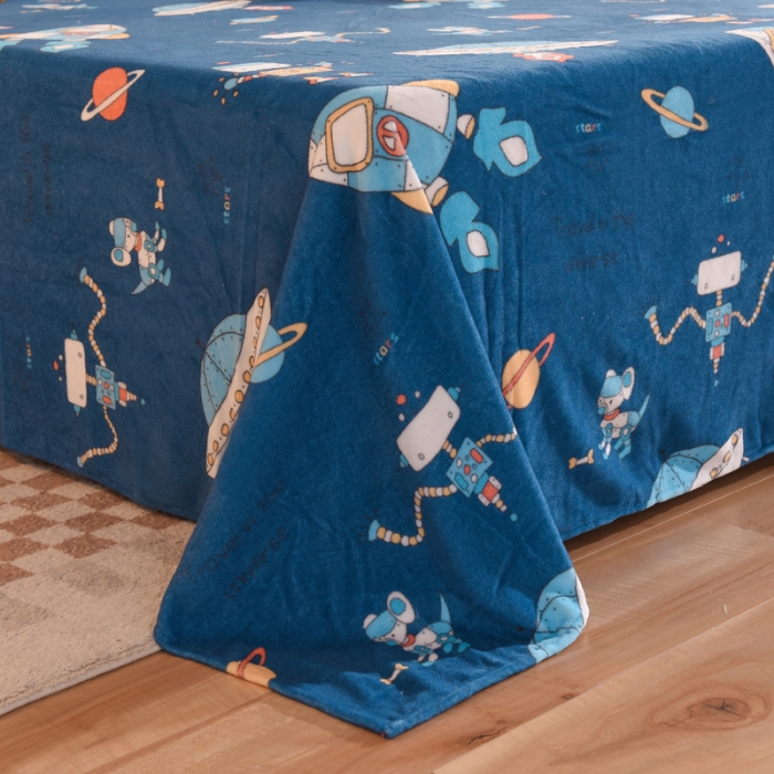 91家纺网 家纺一手货源 找家纺 甜之梦家纺 2025新款印花牛奶绒单品床单可定制任何尺寸  太空机器人北卡蓝