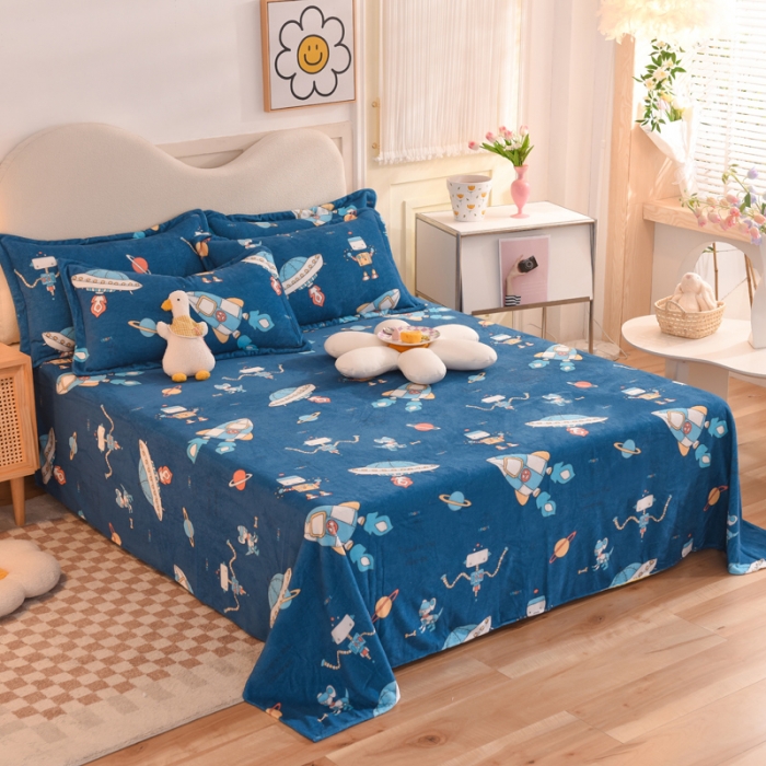 91家纺网 家纺一手货源 找家纺 甜之梦家纺 2025新款印花牛奶绒单品床单可定制任何尺寸  太空机器人北卡蓝