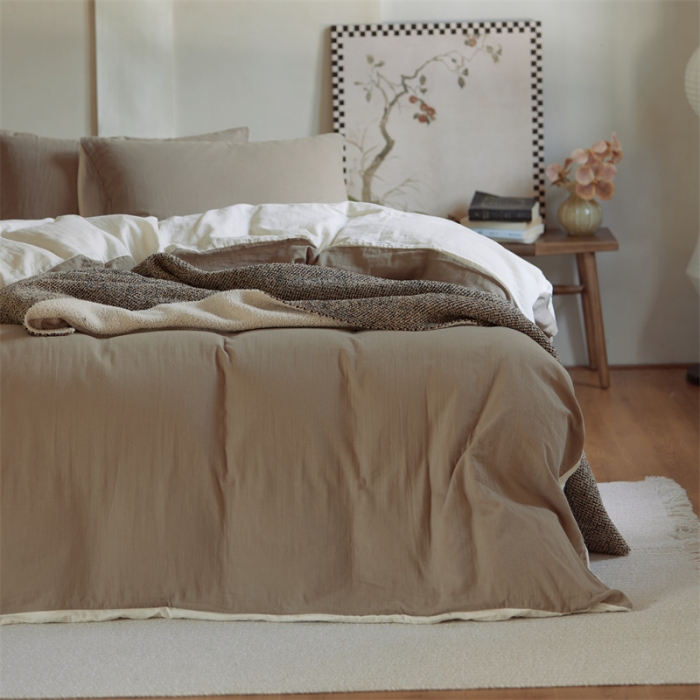 91家纺网 家纺一手货源 找家纺 安莱生活 2022新款全棉双层纱纯色四件套--侘寂风 澳白