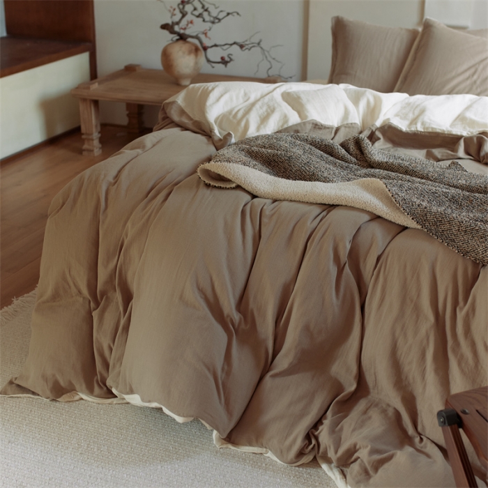 91家纺网 家纺一手货源 找家纺 安莱生活 2022新款全棉双层纱纯色四件套--侘寂风 澳白