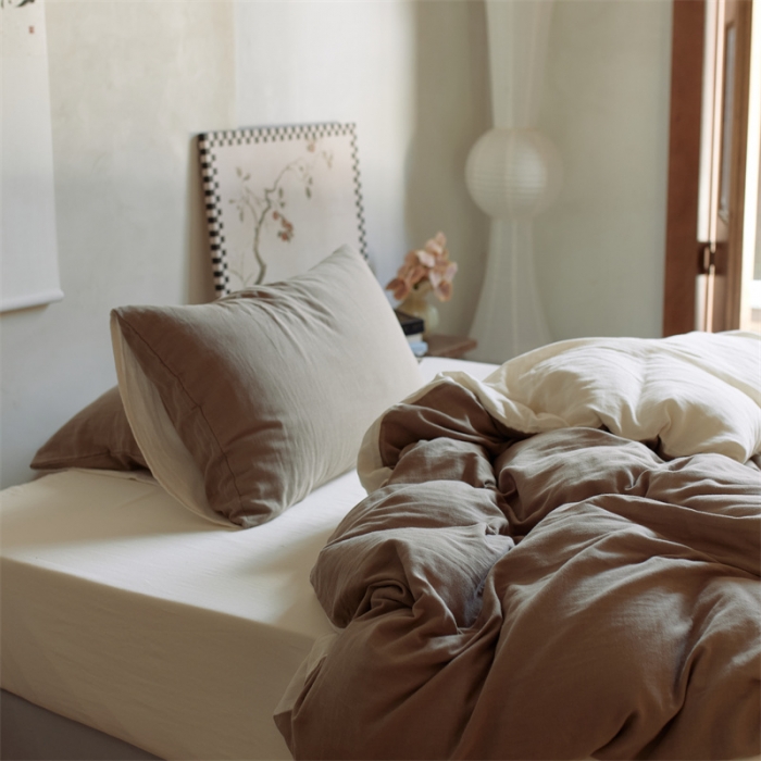 91家纺网 家纺一手货源 找家纺 安莱生活 2022新款全棉双层纱纯色四件套--侘寂风 澳白