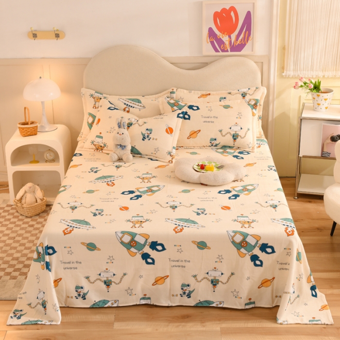 91家纺网 家纺一手货源 找家纺 甜之梦家纺 2025新款印花牛奶绒单品床单可定制任何尺寸 太空机器人米白