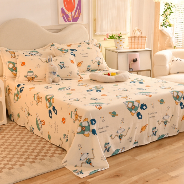 91家纺网 家纺一手货源 找家纺 甜之梦家纺 2025新款印花牛奶绒单品床单可定制任何尺寸 太空机器人米白