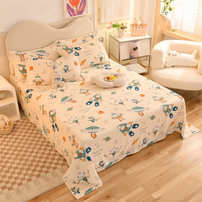 91家纺网 家纺一手货源 找家纺 甜之梦家纺 2025新款印花牛奶绒单品床单可定制任何尺寸 太空机器人米白