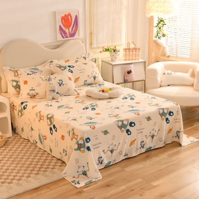 91家纺网 家纺一手货源 找家纺 甜之梦家纺 2025新款印花牛奶绒单品床单可定制任何尺寸 太空机器人米白