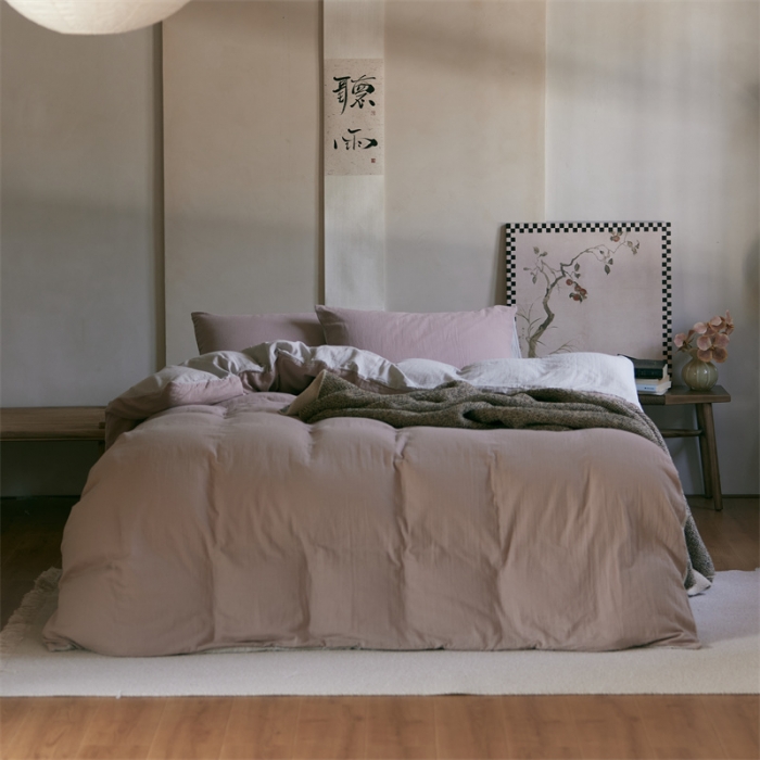 91家纺网 家纺一手货源 找家纺 安莱生活 2022新款全棉双层纱纯色四件套--侘寂风 灰粉