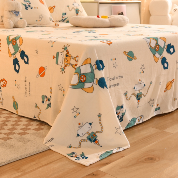 91家纺网 家纺一手货源 找家纺 甜之梦家纺 2025新款印花牛奶绒单品床单可定制任何尺寸 太空机器人米白